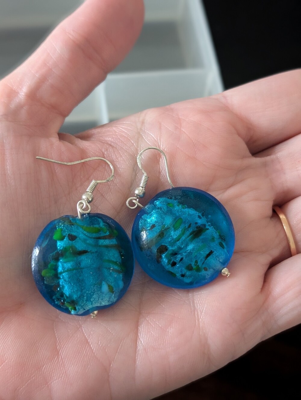Handmade Aqua Blue Art Glass Earrings • Murano Style Disc Beads • 925 Sterling